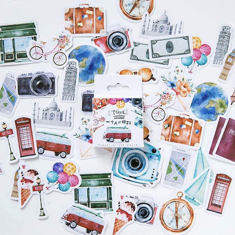 Doraking Mini Size Scrapbook Stickers, 45pcs Doraking DIY Decoration Travel Stickers Life Set for Travel Case, Laptop, Planners, Calendars, Scrapbook, Suitcase, Notebooks, Dimension Less 44mm - Image 1